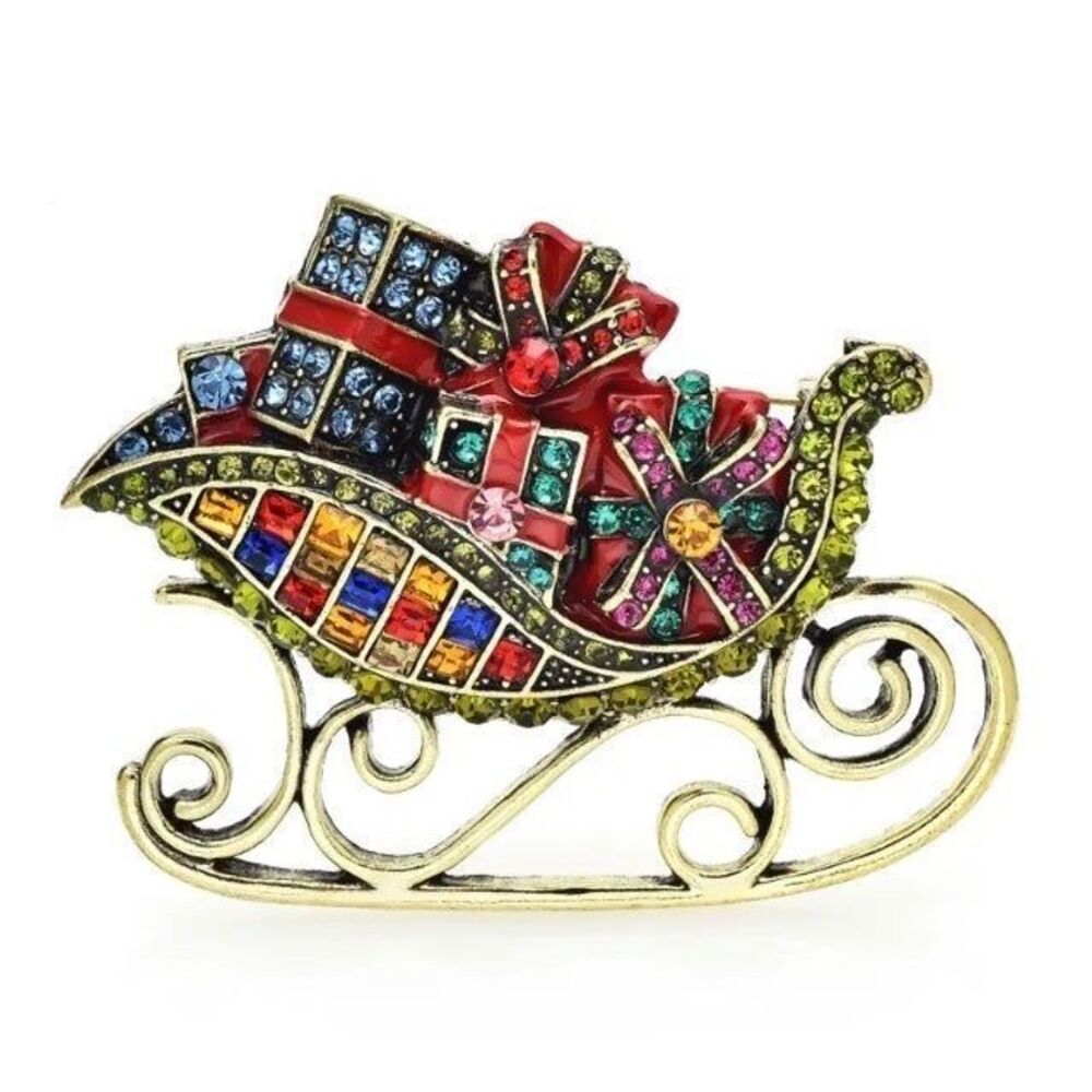 Vintage Christmas Santa Sleigh Reindeers Presents Gold Enamel Crystal Brooch Pin
